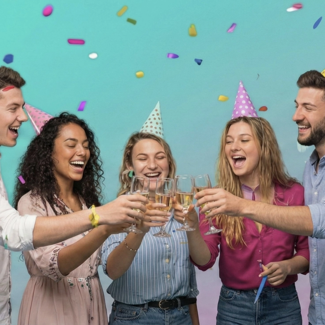 Glückliche Freunde feiern eine Party mit Konfetti